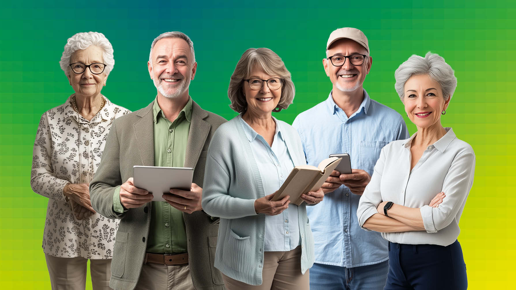 KI-generiertes Bild: Vier Senioren stehen nebeneinander und lächeln in die Kamera